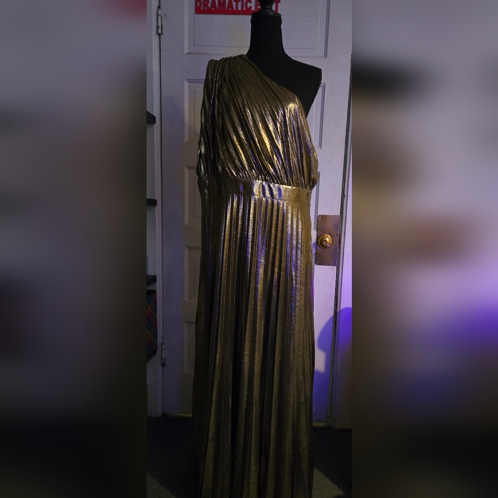Gold One-Shoulder Pleated Dress